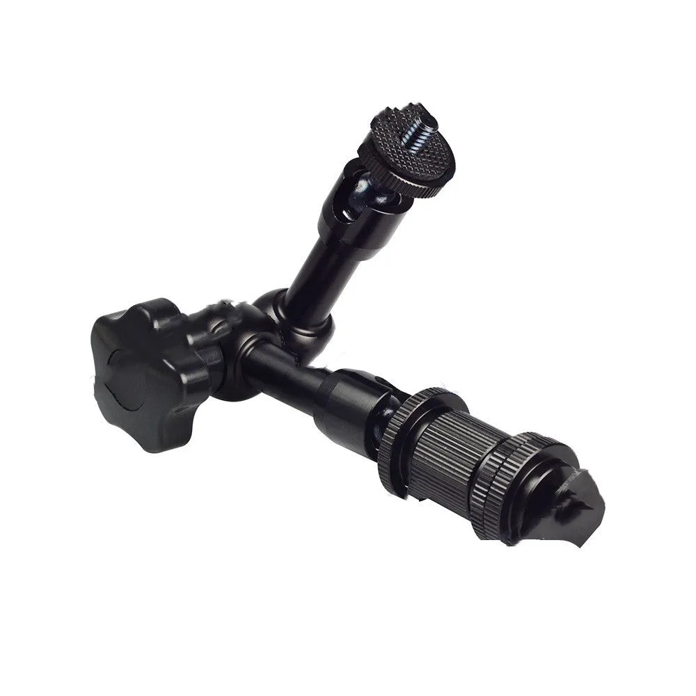 Black all-metal 7-inch magic friction articulating arm for DSLR cameras with ball heads and mounting clamp.