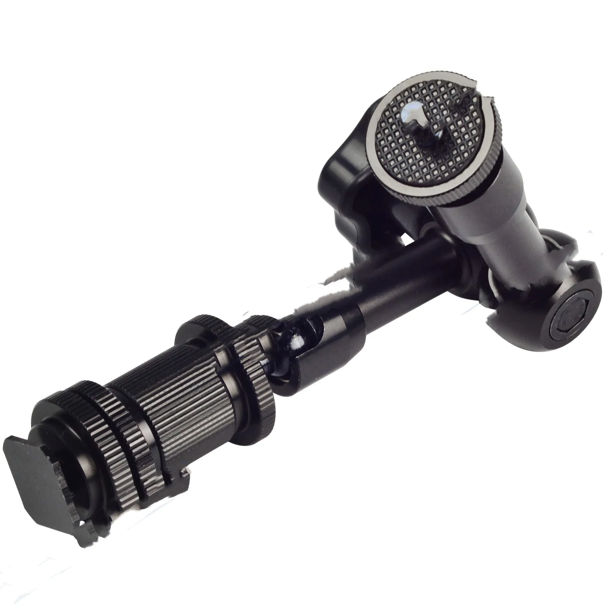 Black all-metal 7-inch magic friction articulating arm for DSLR cameras with ball heads and mounting clamp.