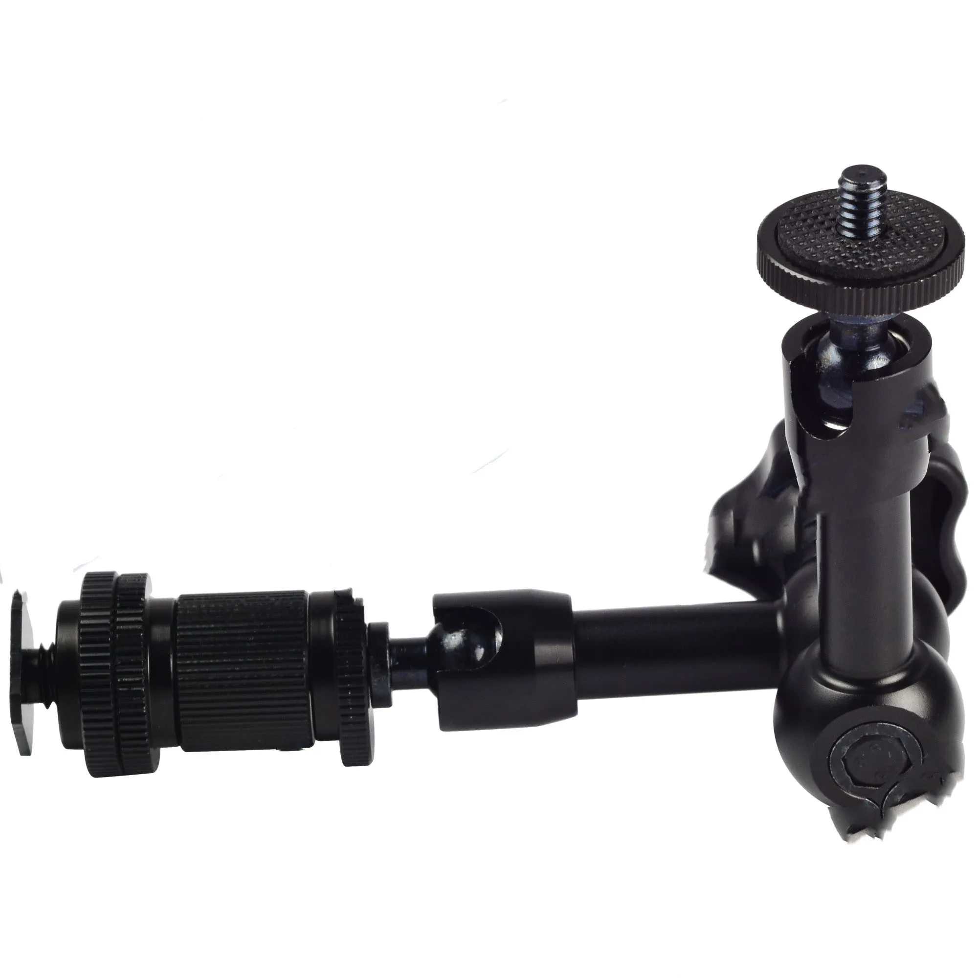 Black all-metal 7-inch magic friction articulating arm for DSLR cameras with ball heads and mounting clamp.