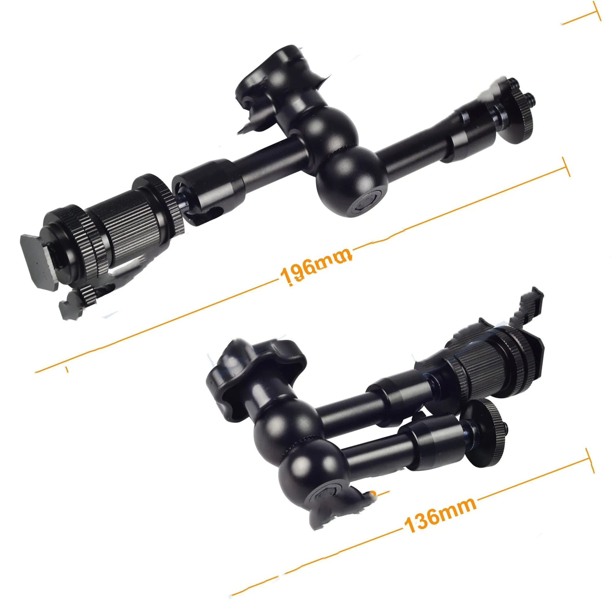 Black all-metal 7-inch magic friction articulating arm for DSLR cameras with ball heads and mounting clamp.