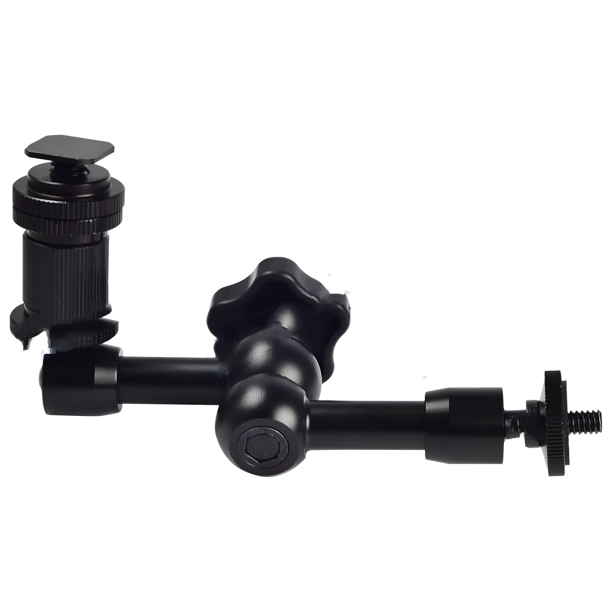 Black all-metal 7-inch magic friction articulating arm for DSLR cameras with ball heads and mounting clamp.
