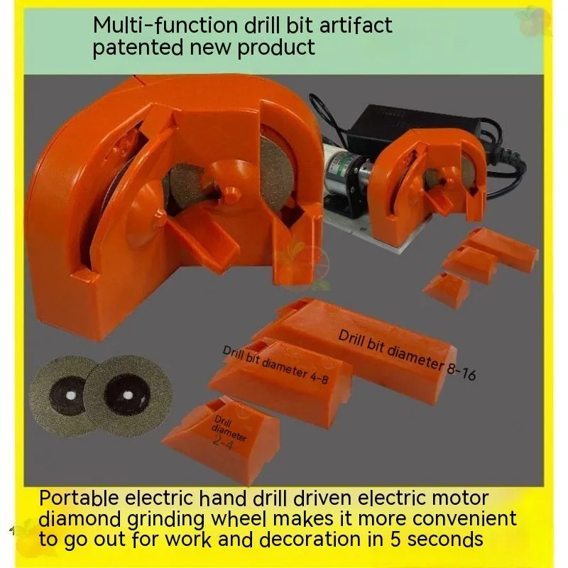 Portable orange and black grinding drill tool and sander set with two coloured wheels