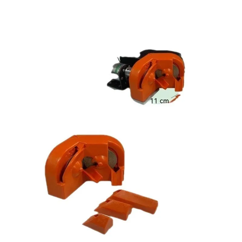 Portable orange and black grinding drill tool and sander set with two coloured wheels