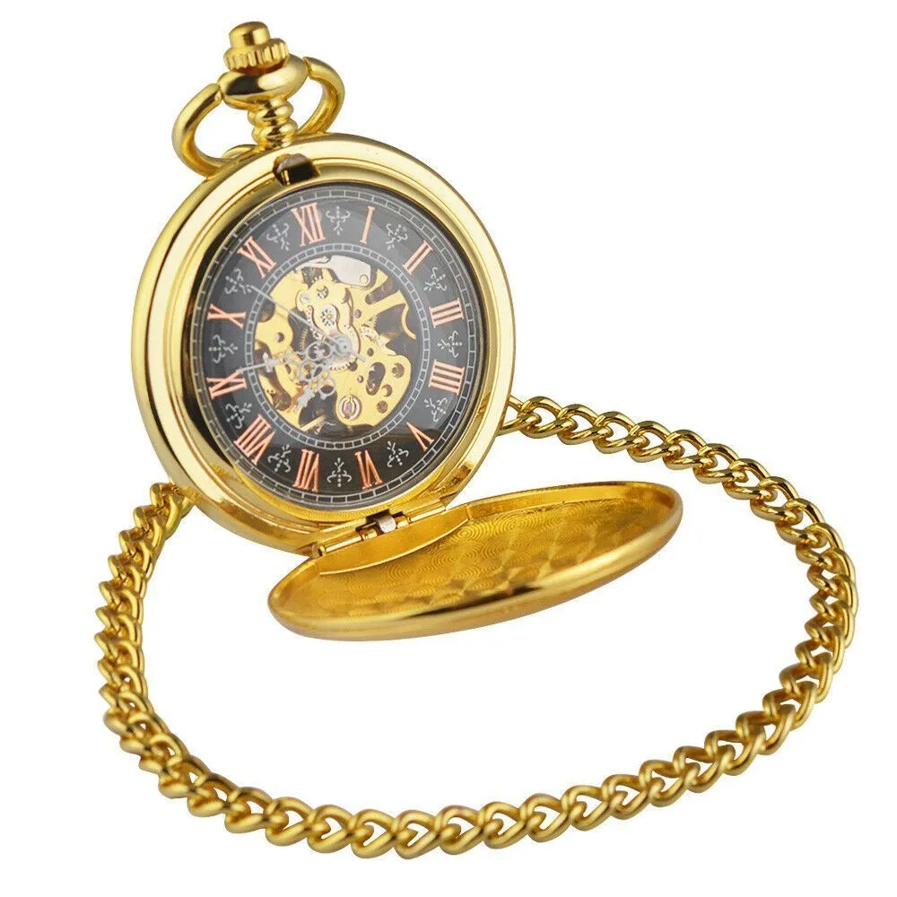 Retro floral print automatic mechanical pocket watch with transparent case back in gold colour
