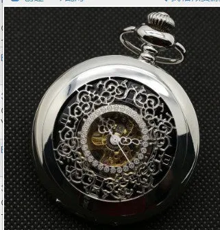 Retro floral print automatic mechanical pocket watch with transparent case back in gold colour