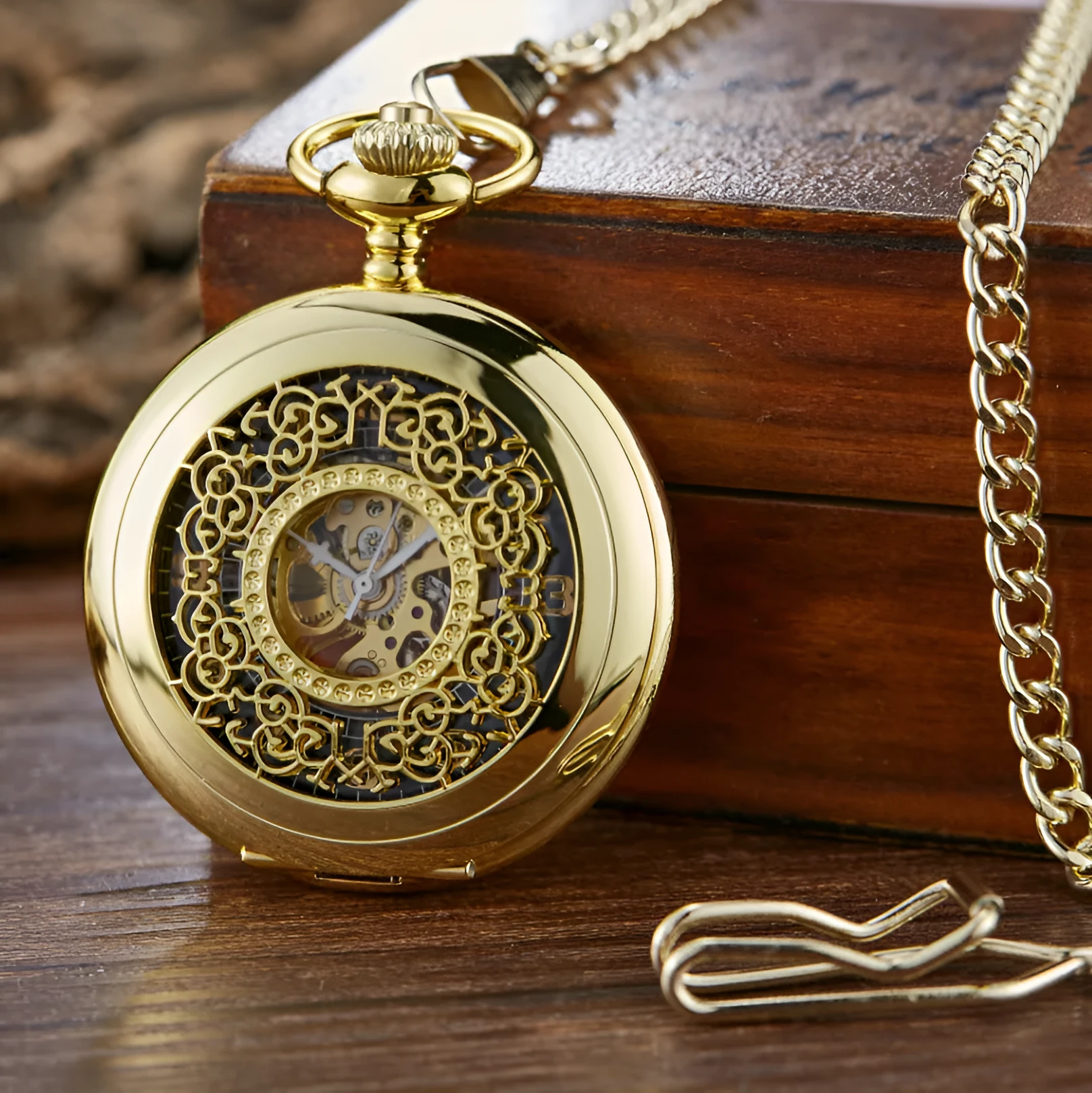 Retro floral print automatic mechanical pocket watch with transparent case back in gold colour