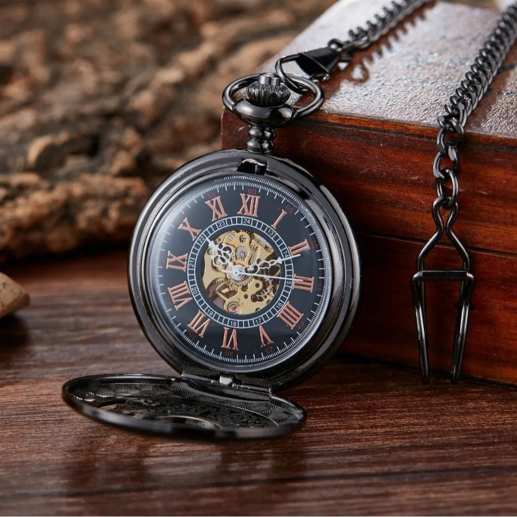 Retro floral print automatic mechanical pocket watch with transparent case back in gold colour