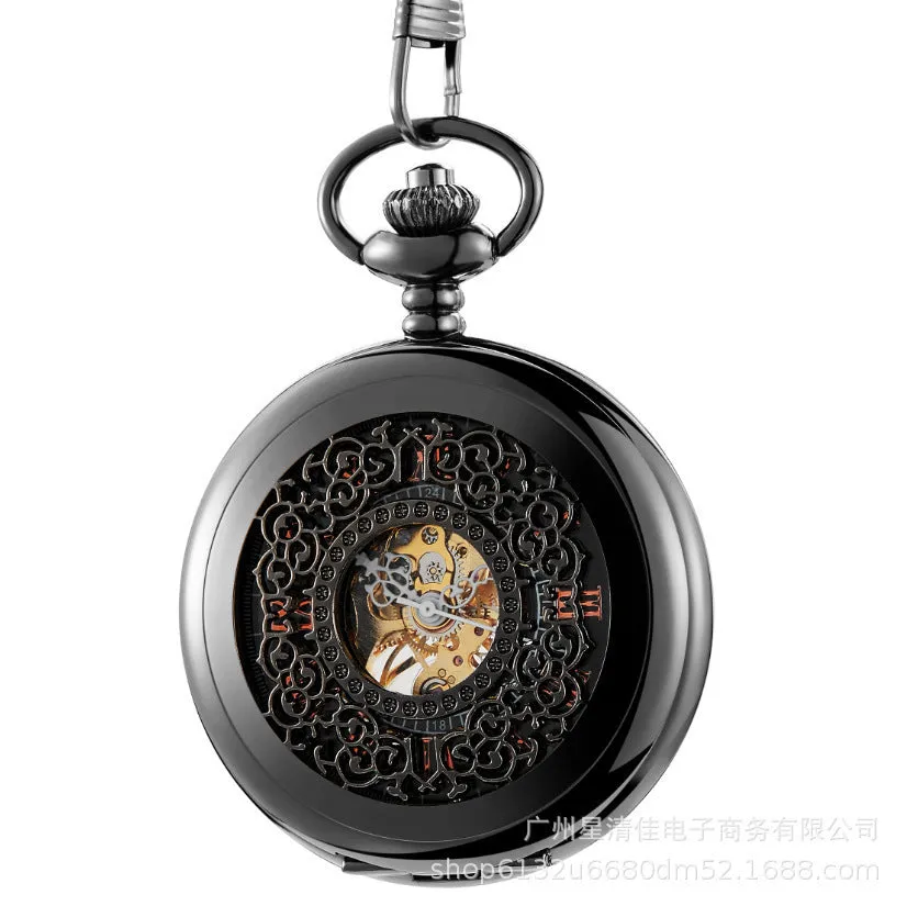 Retro floral print automatic mechanical pocket watch with transparent case back in gold colour