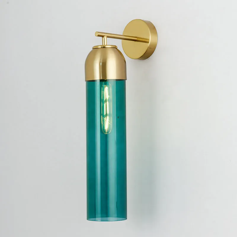 Nordic postmodern glass wall lamp in a modern living room setting, showing amber glass shade.