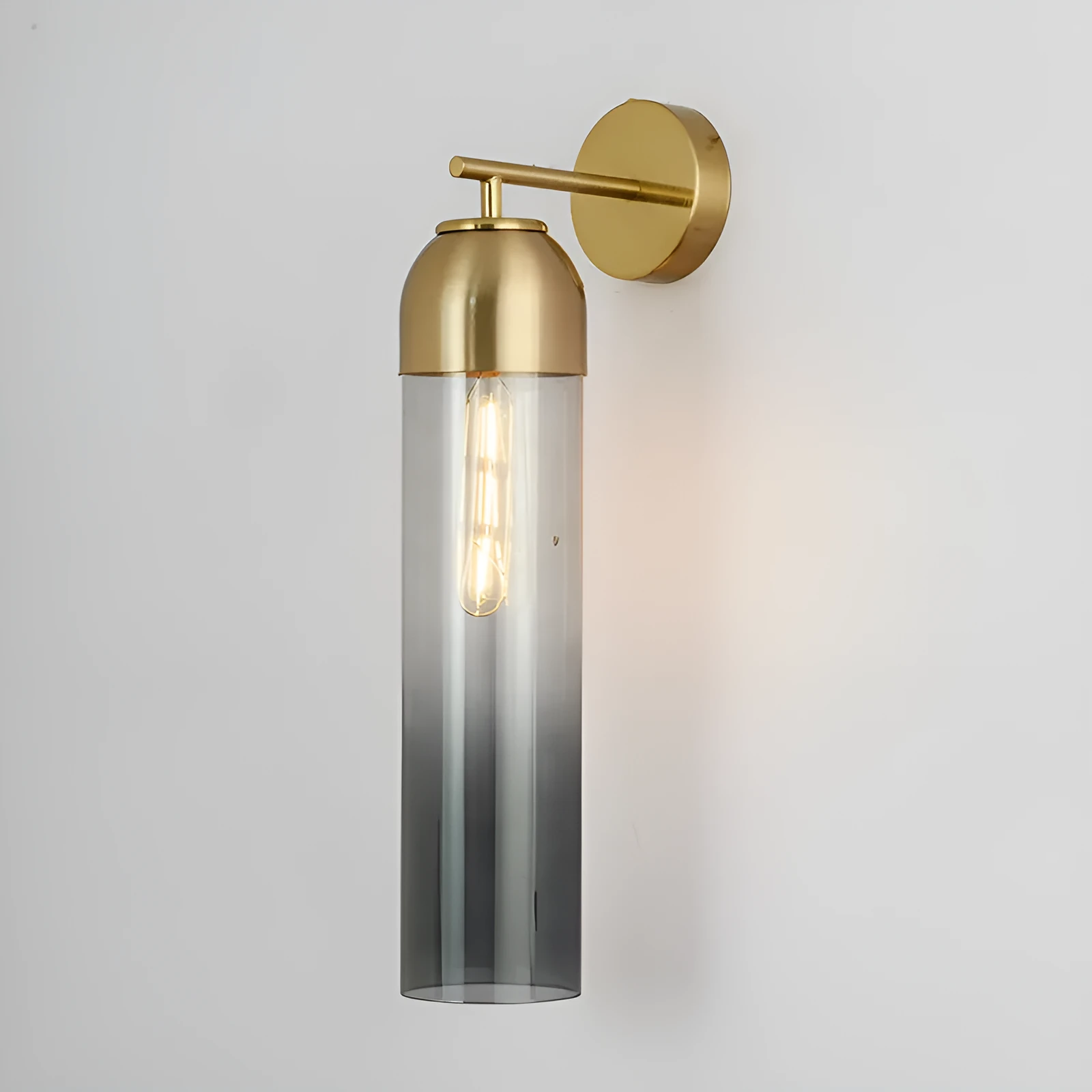 Nordic postmodern glass wall lamp in a modern living room setting, showing amber glass shade.