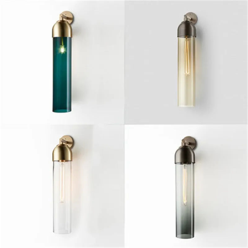 Nordic postmodern glass wall lamp in a modern living room setting, showing amber glass shade.