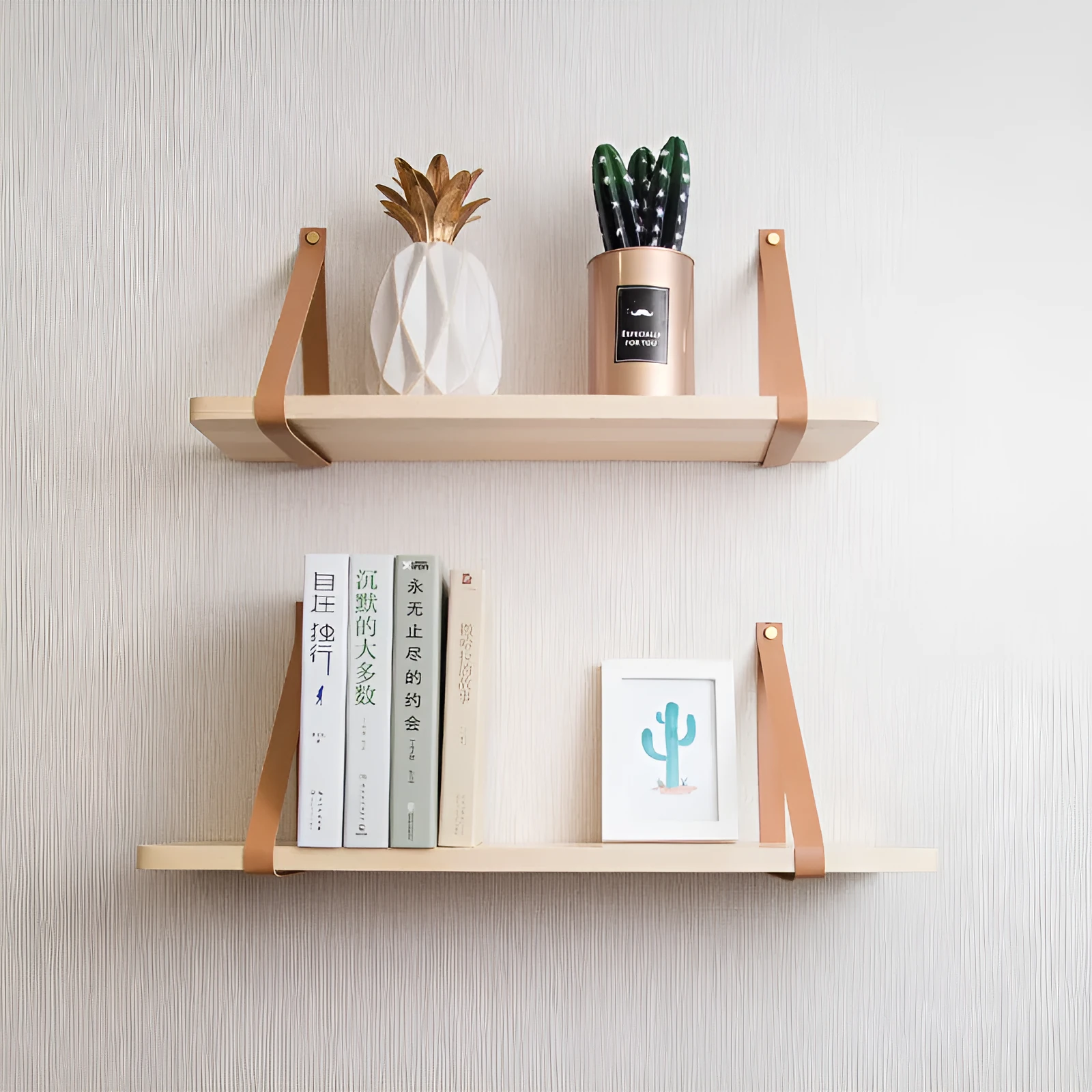 Pine wood wall-mounted storage shelf, 50cm wide by 16cm high, holding books and cosmetic items.