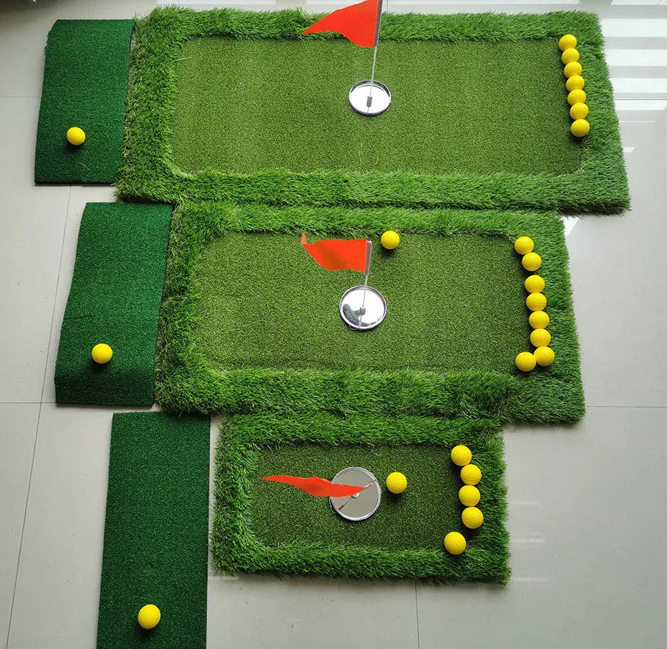 Green synthetic grass golf training mat on a high-elastic EVA base shown in a customisable size.
