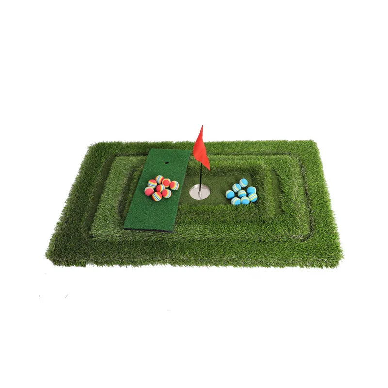 Green synthetic grass golf training mat on a high-elastic EVA base shown in a customisable size.