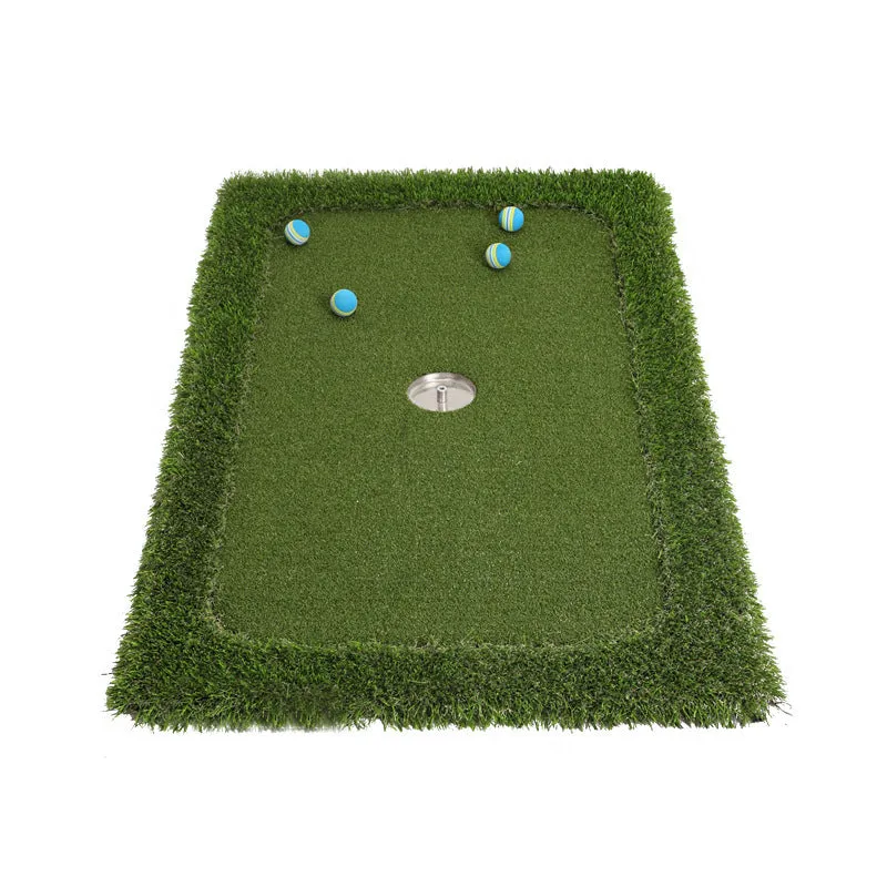 Green synthetic grass golf training mat on a high-elastic EVA base shown in a customisable size.