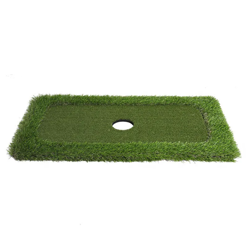 Green synthetic grass golf training mat on a high-elastic EVA base shown in a customisable size.