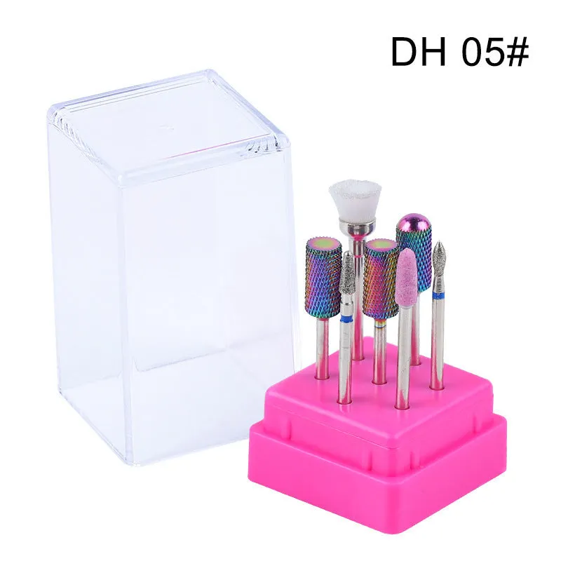 Set of seven tungsten steel nail drill bits and a brush in a transparent plastic case.