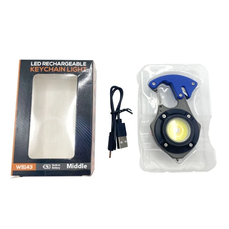 Portable aluminium multifunctional keychain flashlight with keyring and display screen.