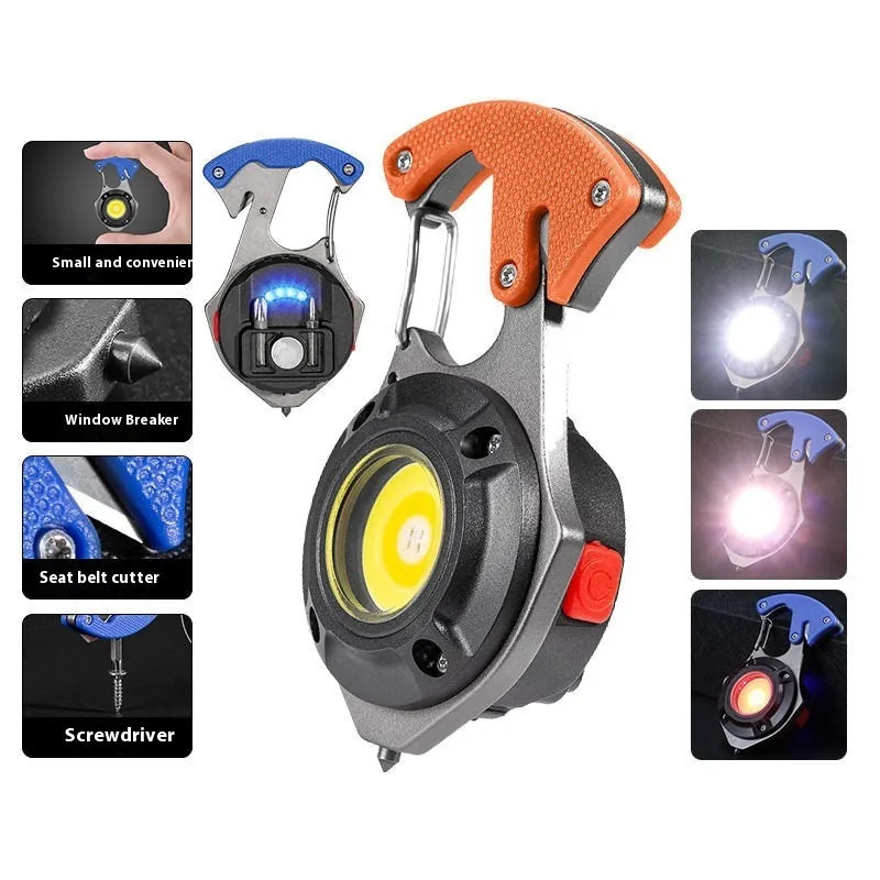 Portable aluminium multifunctional keychain flashlight with keyring and display screen.