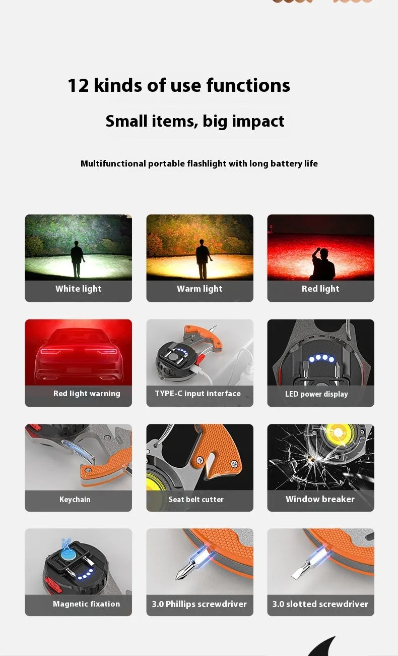 Portable aluminium multifunctional keychain flashlight with keyring and display screen.