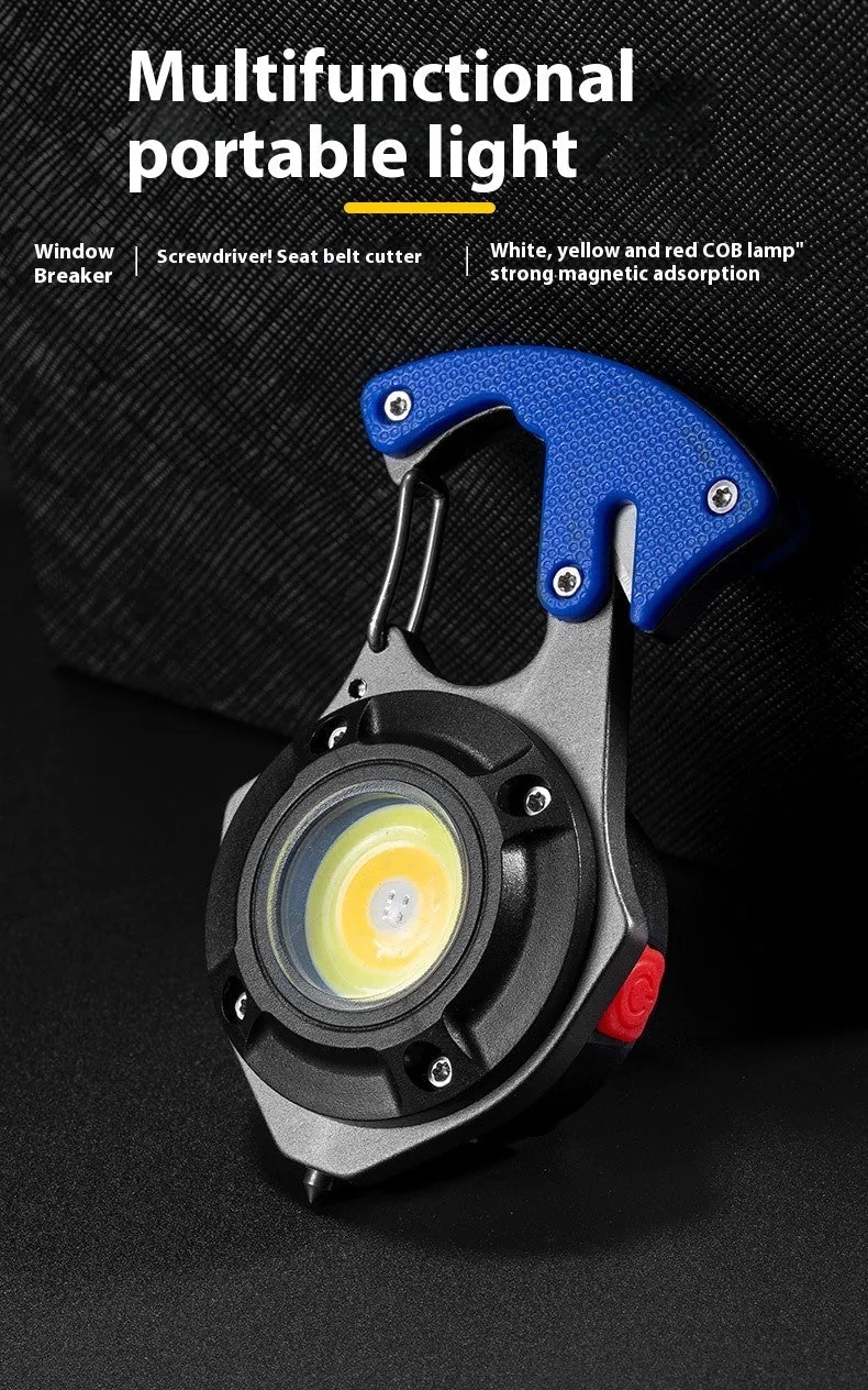 Portable aluminium multifunctional keychain flashlight with keyring and display screen.