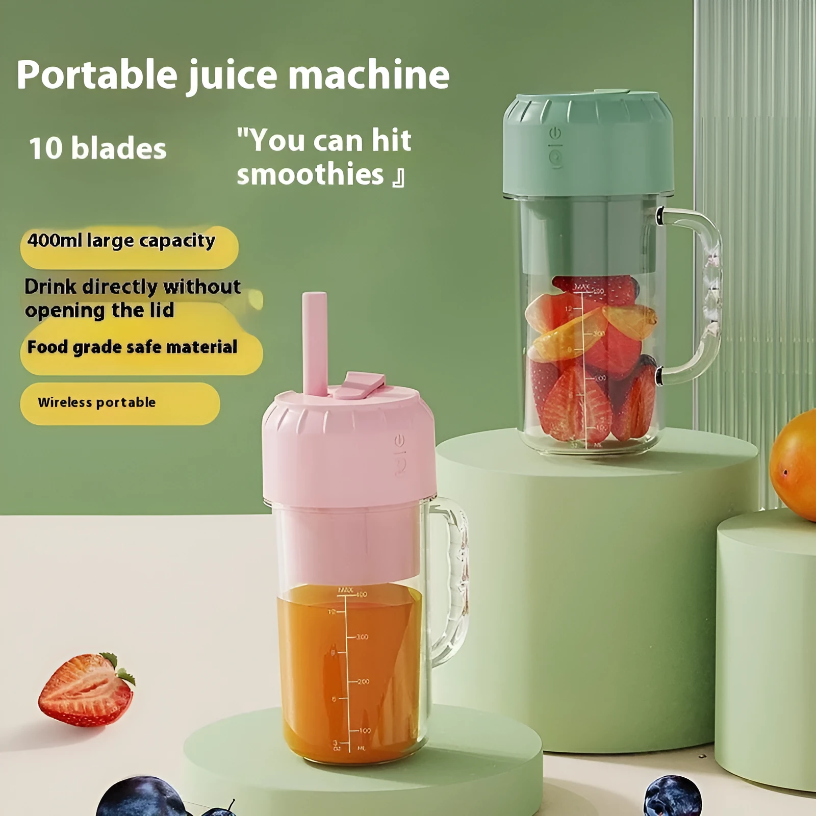 Portable USB juicer in cherry blossom pink or avocado green with multiple blade options