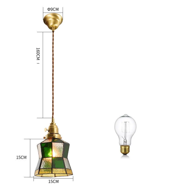 Retro brass and hand-blown glass chandelier with a hemp rope light line hanging from a ceiling.