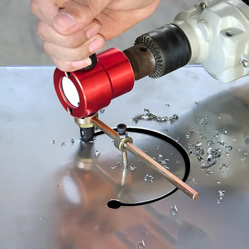 Red metal nibbler cutter attachment for electric drills, showing adjustable heads and measuring 175mm long.