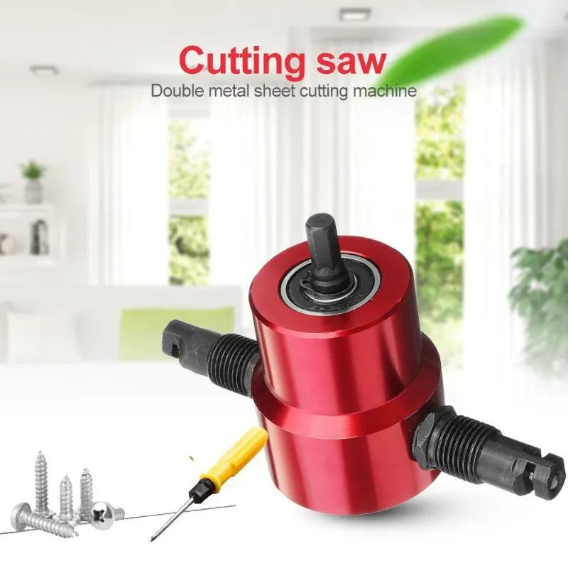 Red metal nibbler cutter attachment for electric drills, showing adjustable heads and measuring 175mm long.