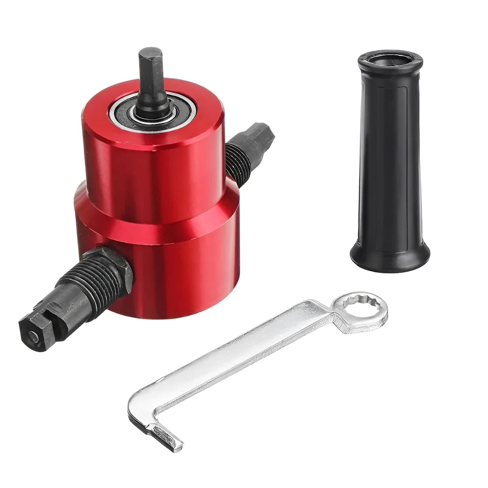 Red metal nibbler cutter attachment for electric drills, showing adjustable heads and measuring 175mm long.