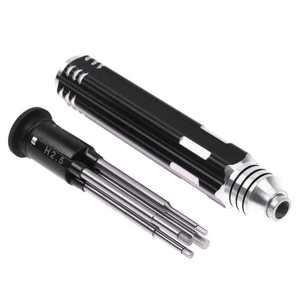 Four-in-one hexagon socket screwdriver set for aeromodelling with black aluminium handle and four bits