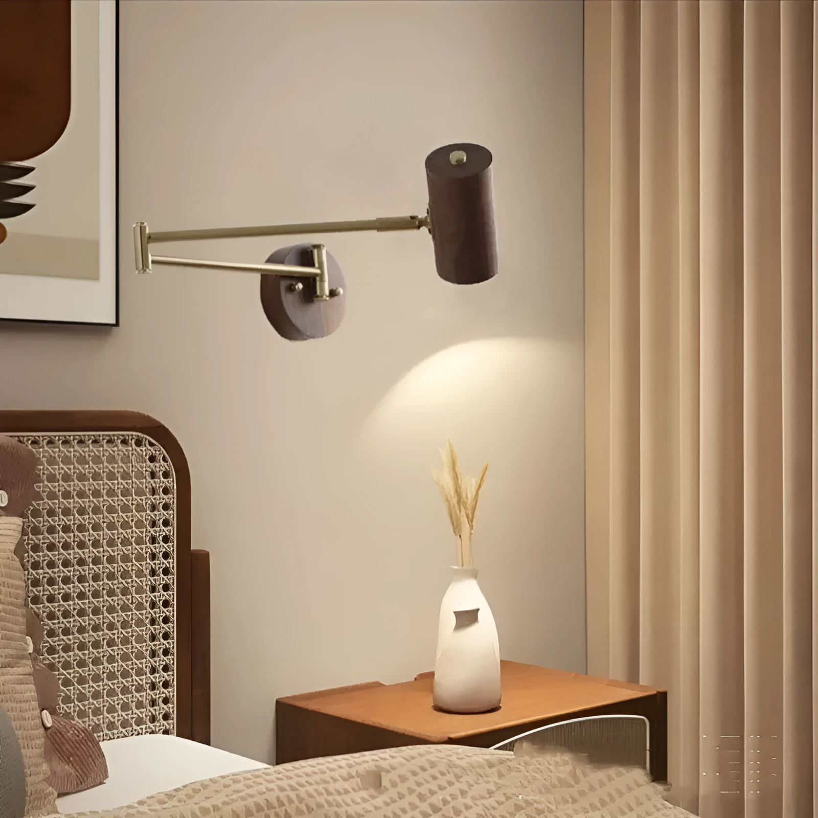 Retro-style long-arm wall spotlight with rotating head in walnut finish and a ribbon pull switch.