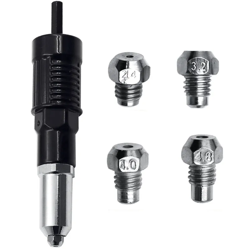 Black metal electric drill rivet gun conversion tool with handle and wrench.