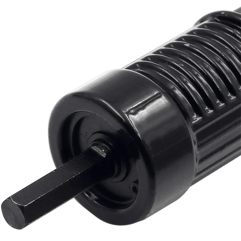 Black metal electric drill rivet gun conversion tool with handle and wrench.