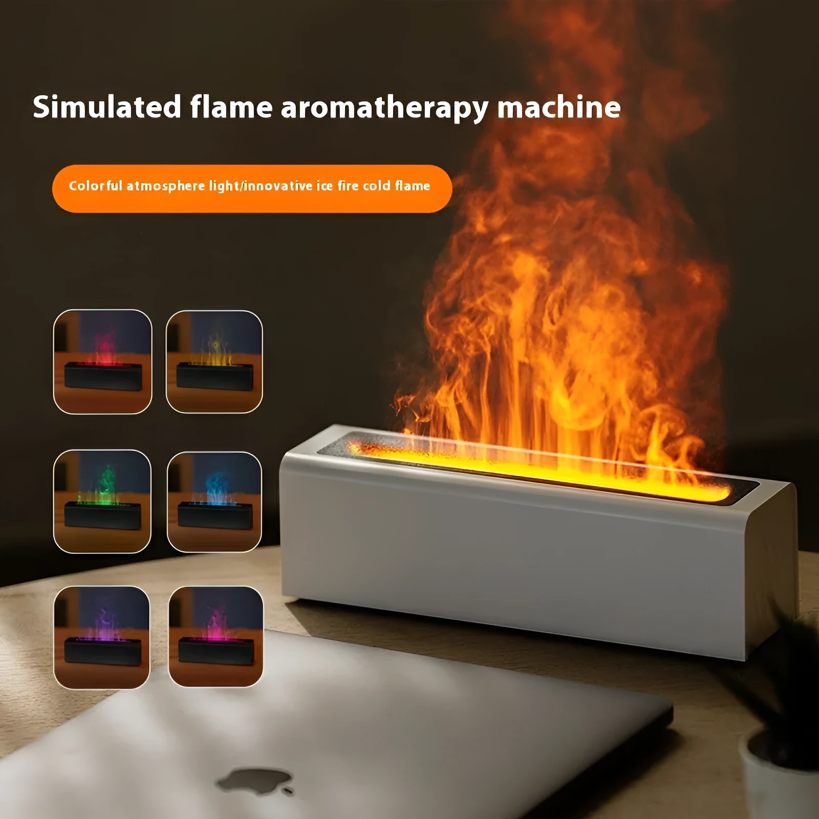 Square black or white USB aroma diffuser with colourful flame effect light and water tank