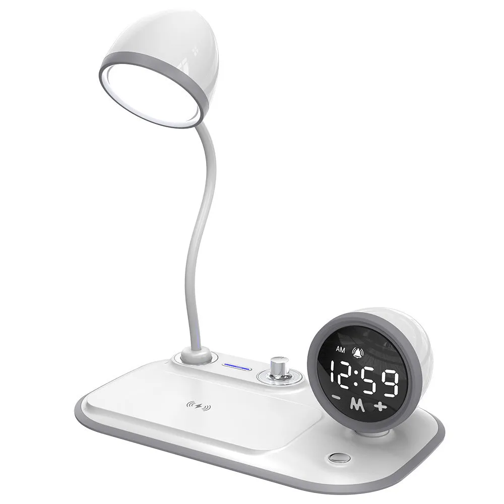 Three-in-one desk lamp with wireless charging pad and clock display in white or black colours