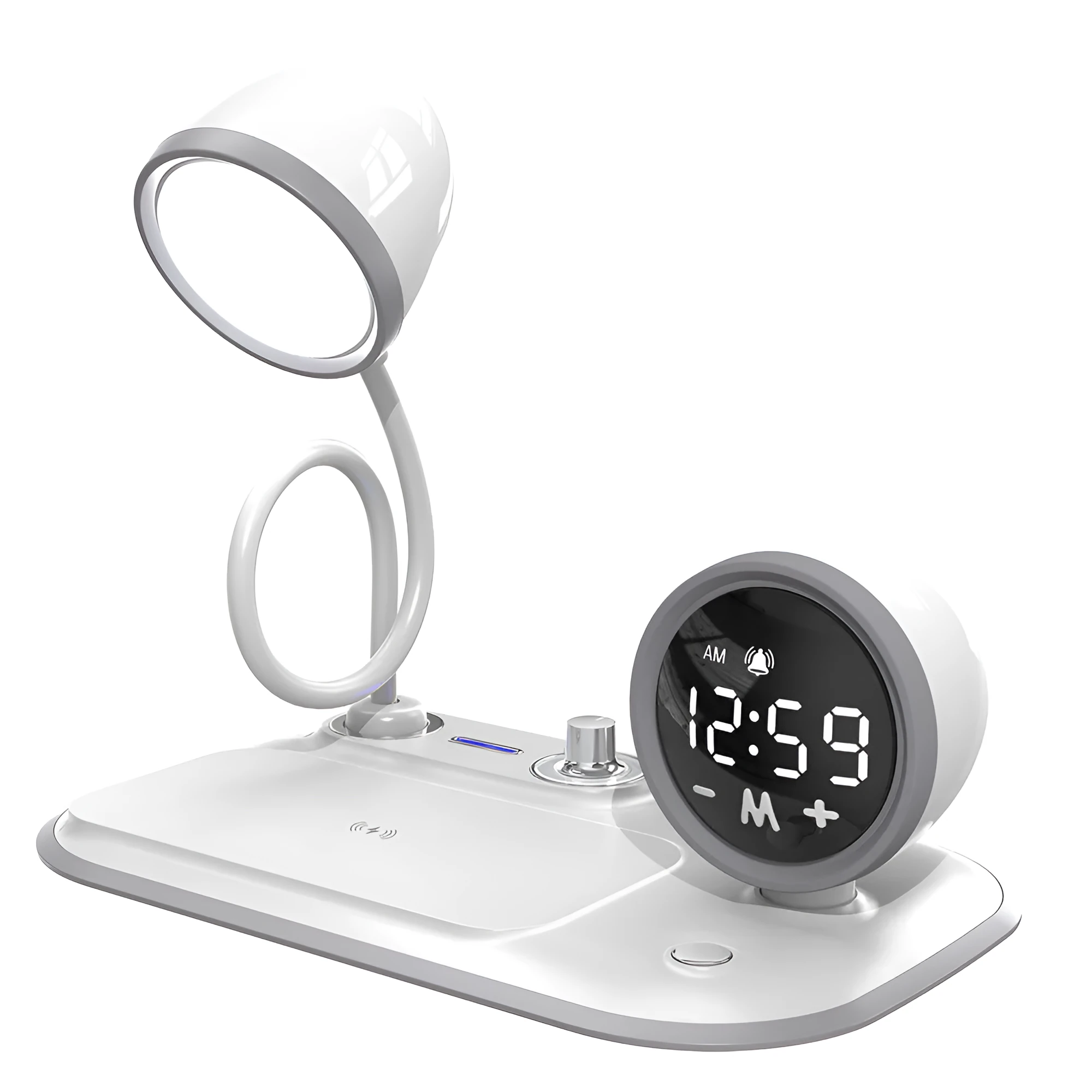 Three-in-one desk lamp with wireless charging pad and clock display in white or black colours