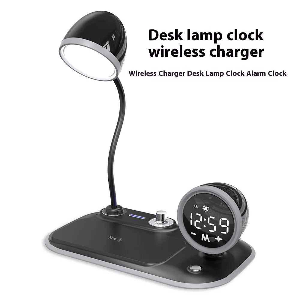 Three-in-one desk lamp with wireless charging pad and clock display in white or black colours