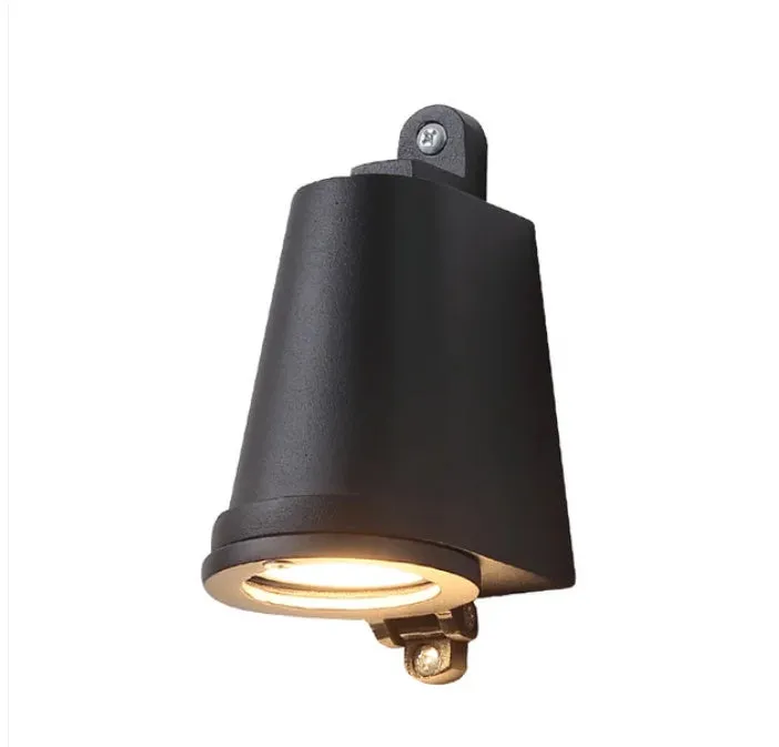 Industrial-style cast aluminum horseshoe wall lamp for outdoor use in sand black finish.