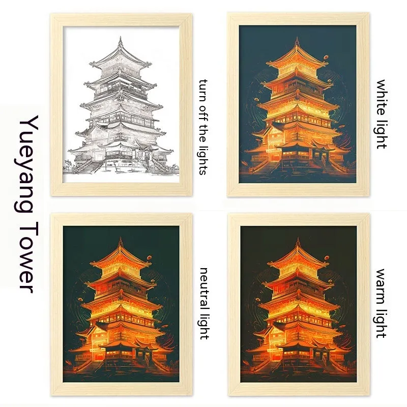 USB LED picture frame night lamp showing illuminated landscape artwork in modern plastic frame