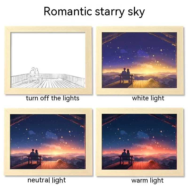 USB LED picture frame night lamp showing illuminated landscape artwork in modern plastic frame