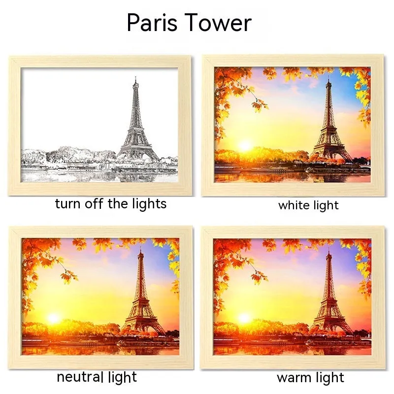 USB LED picture frame night lamp showing illuminated landscape artwork in modern plastic frame