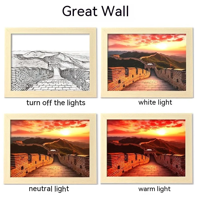 USB LED picture frame night lamp showing illuminated landscape artwork in modern plastic frame