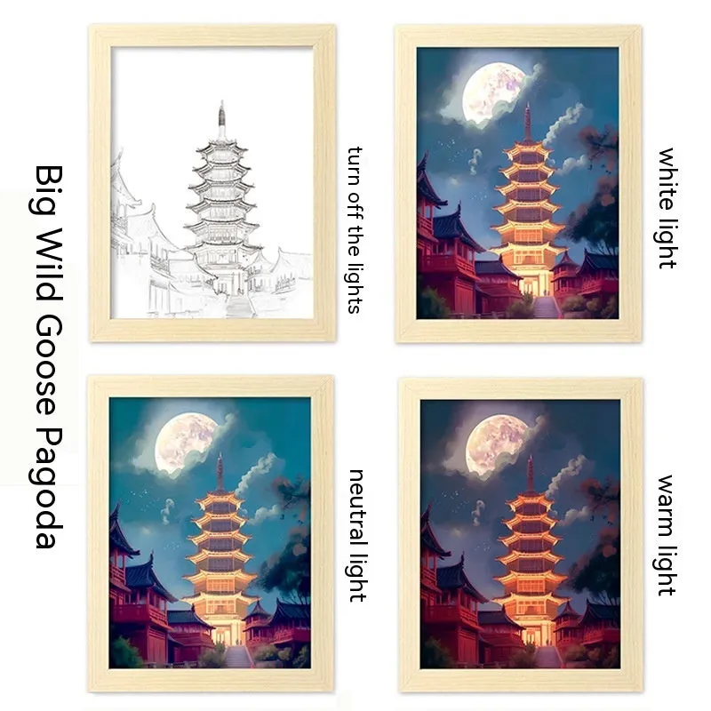 USB LED picture frame night lamp showing illuminated landscape artwork in modern plastic frame