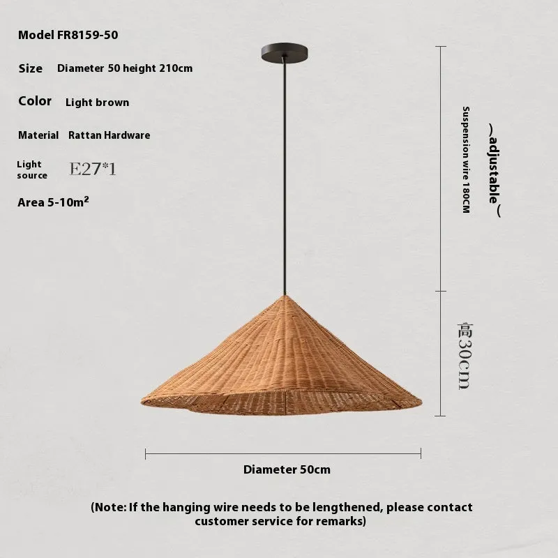 Silent Wind style natural rattan woven ceiling lamp hanging, showing its textured weave and circular shape.