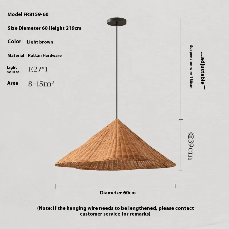 Silent Wind style natural rattan woven ceiling lamp hanging, showing its textured weave and circular shape.