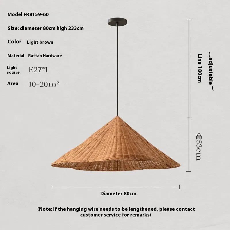 Silent Wind style natural rattan woven ceiling lamp hanging, showing its textured weave and circular shape.