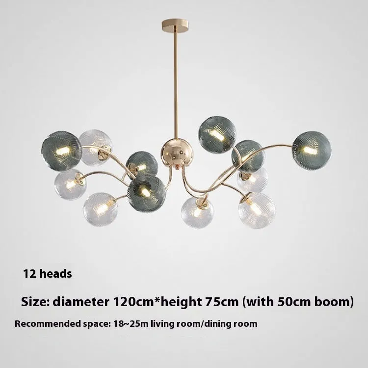 Modern Nordic style multi-head pendant chandelier with green clear lights for a living room.