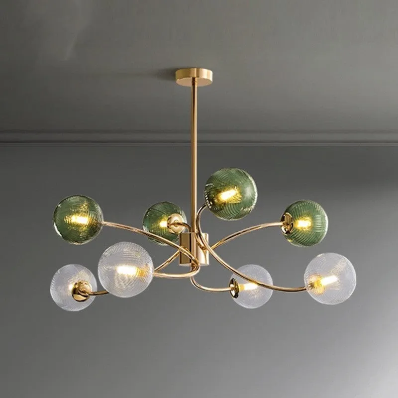 Modern Nordic style multi-head pendant chandelier with green clear lights for a living room.