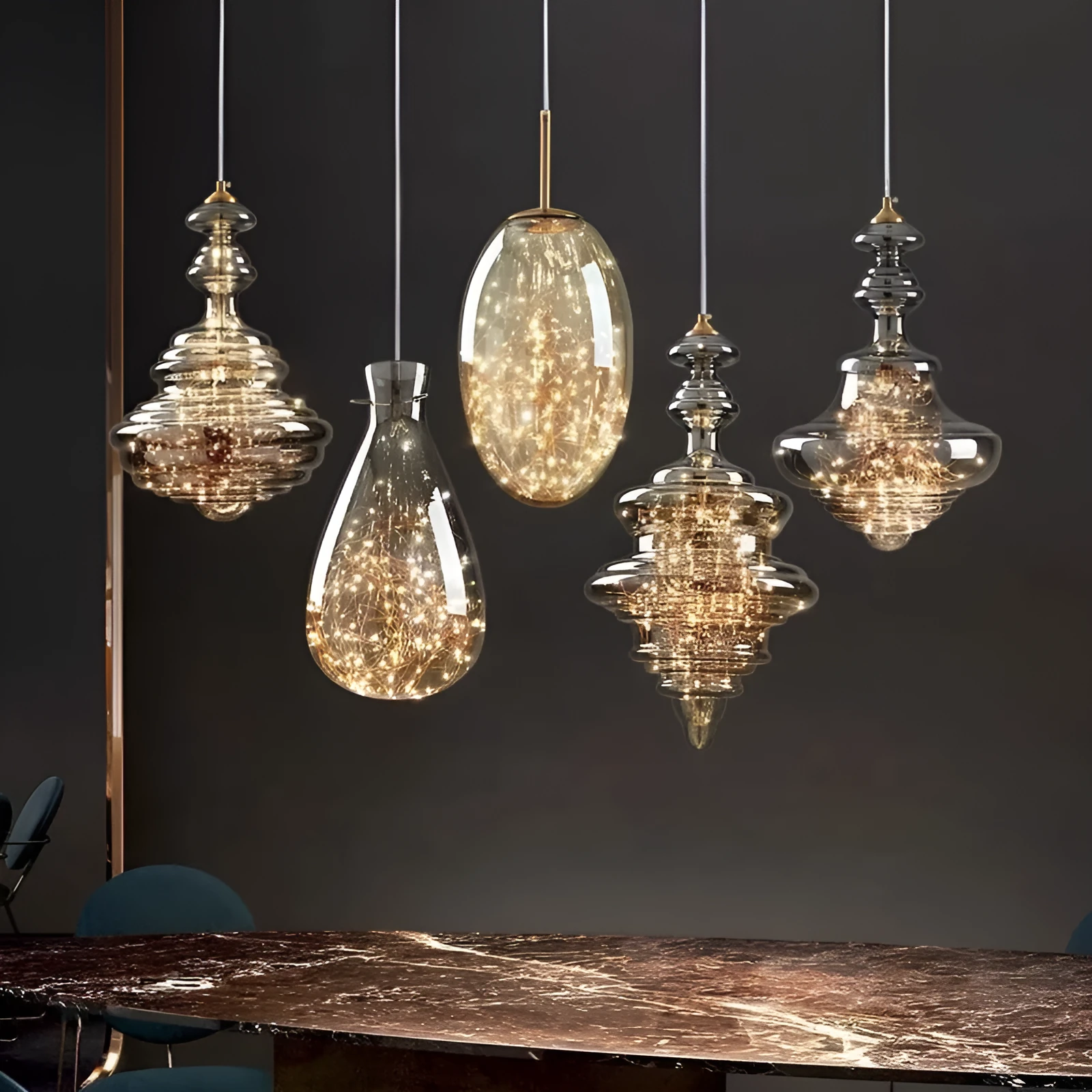 Modern glass chandelier droplight with adjustable height mechanism and LED lighting
